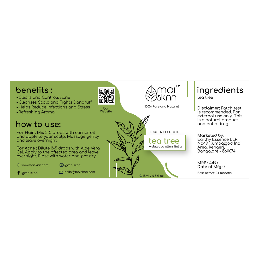 Tea Tree Essential Oil for Acne Fight & Dandruff Control- 15ml